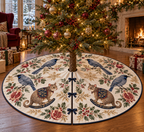 Kokako Pomegranate Rocking Cuscus ivory Christmas tree skirt four flat printed blue-gray birds two brown curled-tail rocking cuscuses pomegranates navy binding centered opening three front ties in a warm Christmas living room.