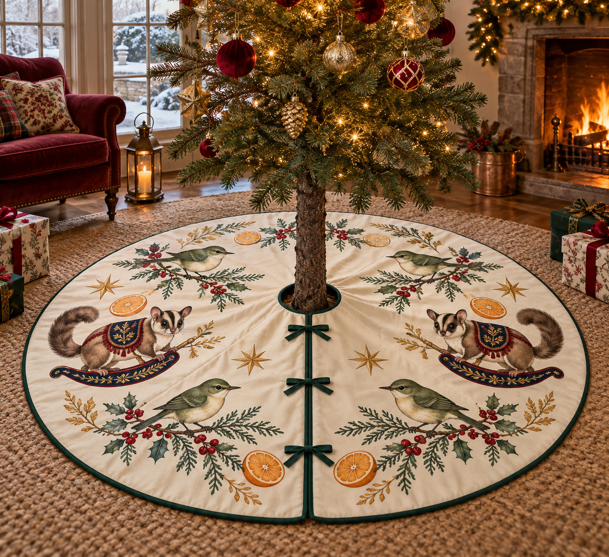 Rifleman Orange Rocking Sugar Glider ivory Christmas tree skirt four printed green birds two brown rocking sugar gliders oranges green binding centered opening and three front ties in a warm Christmas living room.