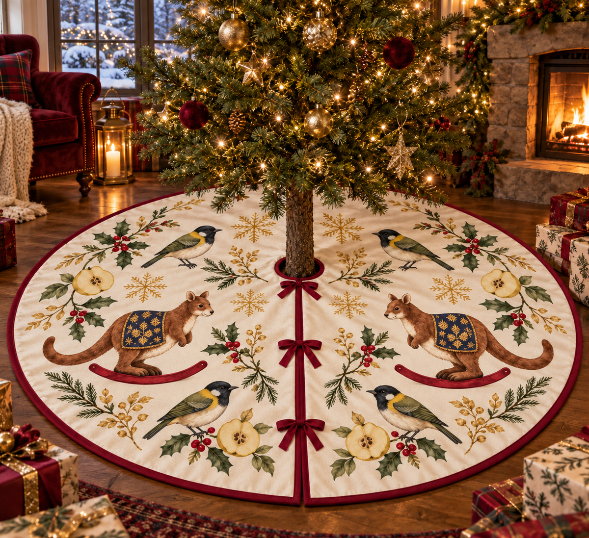 Stitchbird Quince Rocking Tree Kangaroo ivory Christmas tree skirt four printed black yellow olive birds two brown rocking tree kangaroos quince cranberry binding centered opening three front ties in Christmas living room.