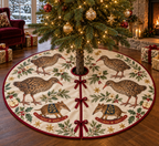 Weka Apple Rocking Quenda ivory Christmas tree skirt four printed brown weka birds two pointed-snouted rocking quendas apples cranberry binding centered opening three front ties in warm Christmas living room.