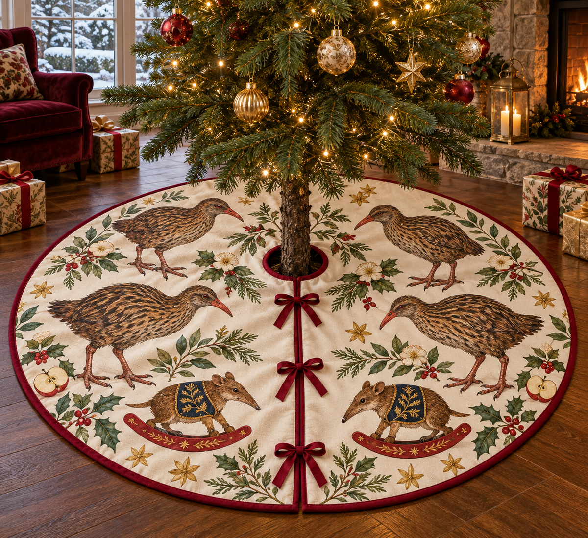 Weka Apple Rocking Quenda ivory Christmas tree skirt four printed brown weka birds two pointed-snouted rocking quendas apples cranberry binding centered opening three front ties in warm Christmas living room.