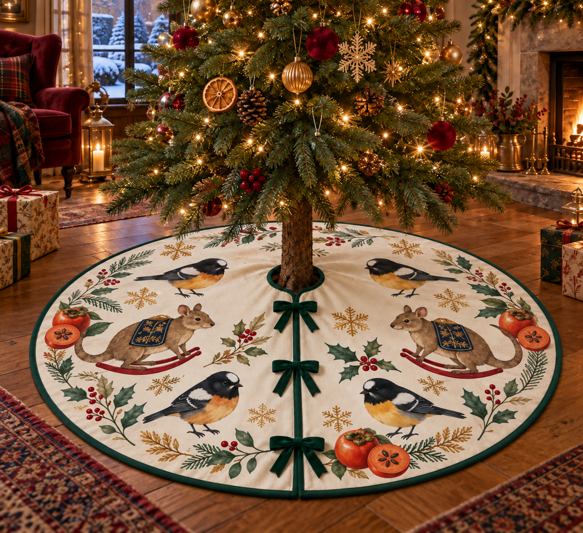 Tomtit Persimmon Rocking Bettong ivory Christmas tree skirt four printed black yellow birds two brown rocking bettongs persimmons green binding centered opening three front ties in warm Christmas living room.
