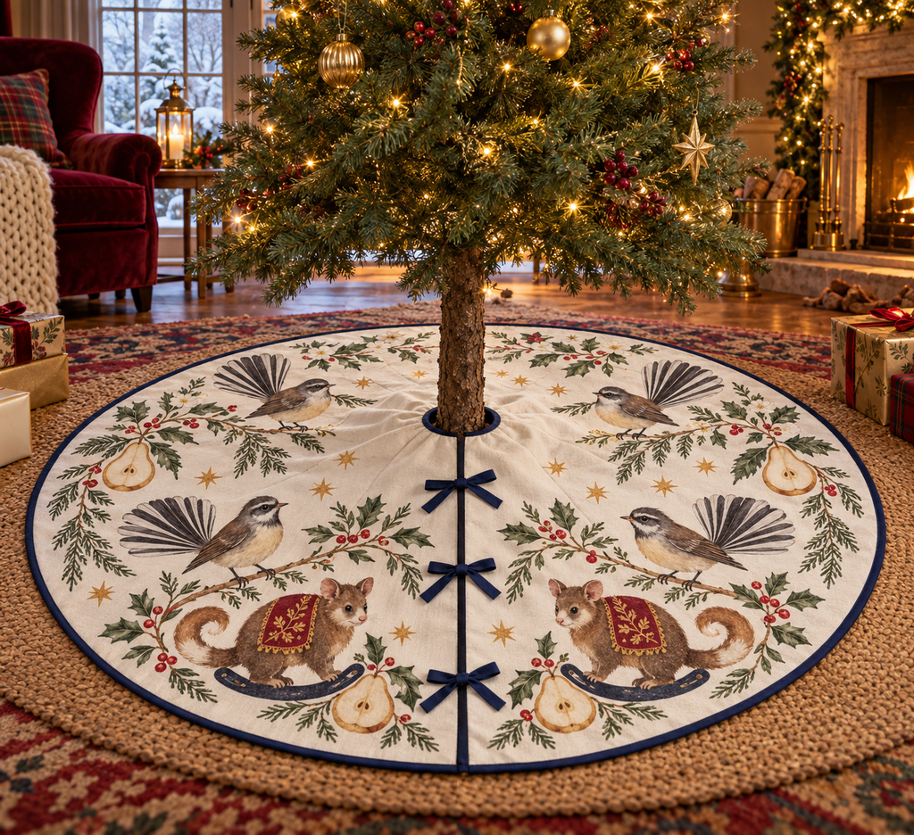 Fantail Pear Rocking Ringtail Possum ivory Christmas tree skirt four printed fanned-tail birds two brown rocking possums pears navy binding centered opening three front ties in warm Christmas living room.