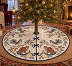 Fantail Pear Rocking Ringtail Possum ivory Christmas tree skirt four printed fanned-tail birds two brown rocking possums pears navy binding centered opening three front ties in warm Christmas living room.