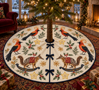 Satinbird Starfruit Rocking Numbat ivory Christmas tree skirt four orange-red black-wing birds two striped brown rocking numbats starfruit navy binding centered opening three ties in warm Christmas living room.