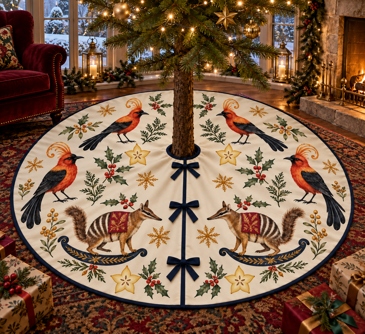 Satinbird Starfruit Rocking Numbat ivory Christmas tree skirt four orange-red black-wing birds two striped brown rocking numbats starfruit navy binding centered opening three ties in warm Christmas living room.