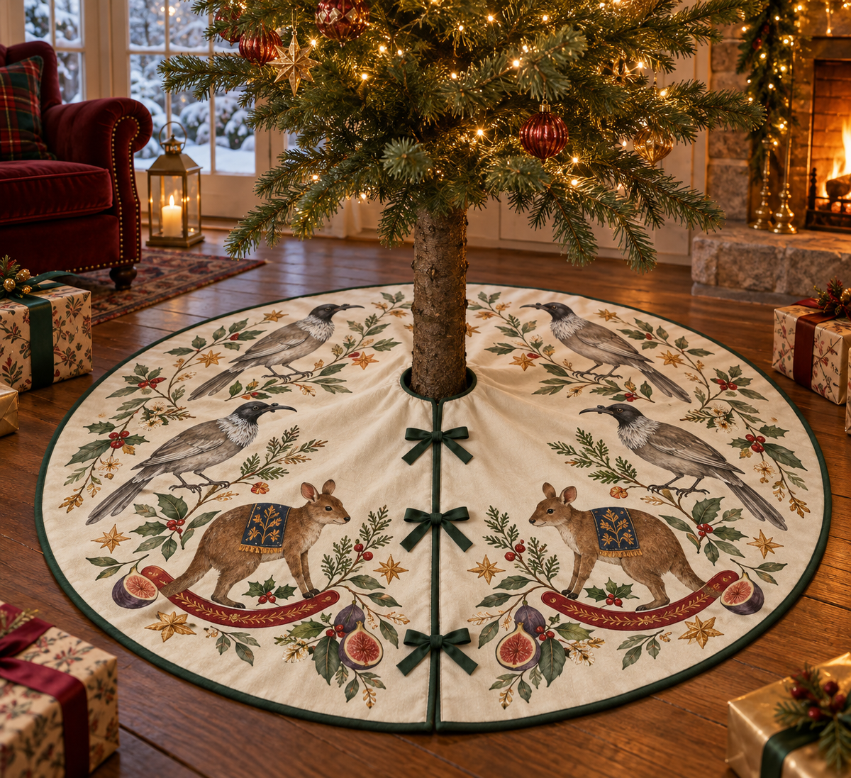 Friarbird Fig Rocking Pademelon ivory Christmas tree skirt four gray brown dark-headed birds two brown rocking pademelons figs green binding centered opening three ties in warm Christmas living room.