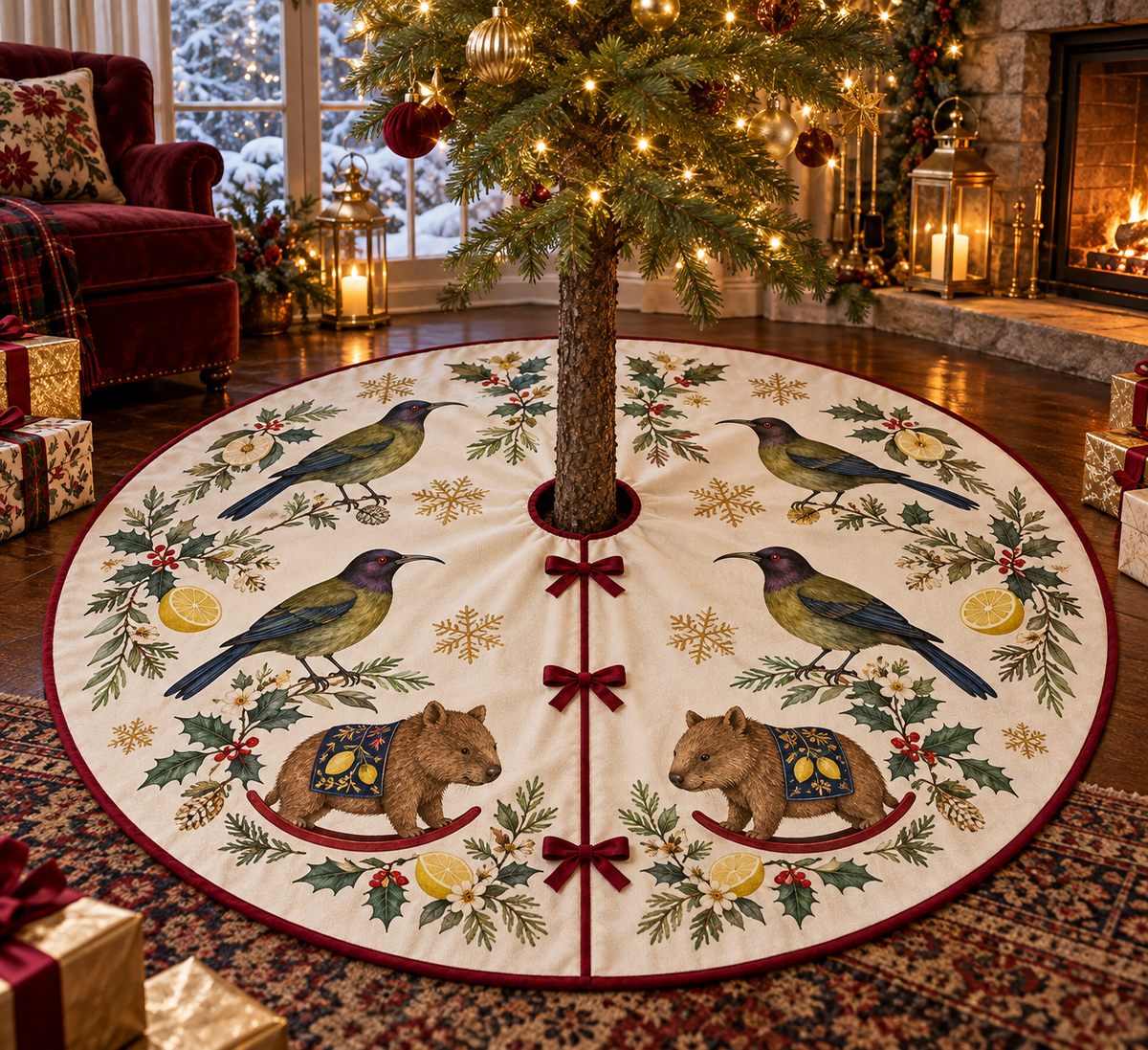 Bellbird Lemon Rocking Wombat ivory Christmas tree skirt four olive purple-headed birds two brown rocking wombats lemons cranberry binding centered opening three front ties in warm Christmas living room.