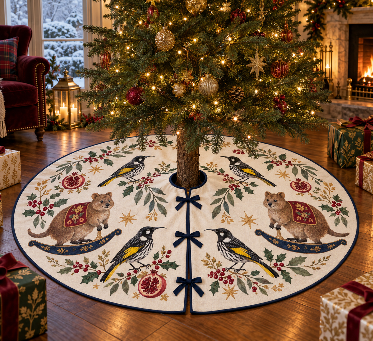 Honeyeater Pomegranate Rocking Quokka ivory Christmas tree skirt four black white yellow-wing birds two brown rocking quokkas pomegranates navy binding centered opening three ties in warm Christmas living room.