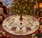 Wattlebird Kiwi Rocking Echidna ivory Christmas tree skirt four red-wattled streaked birds two brown spiny rocking echidnas kiwis cranberry binding centered opening three ties in warm Christmas living room.