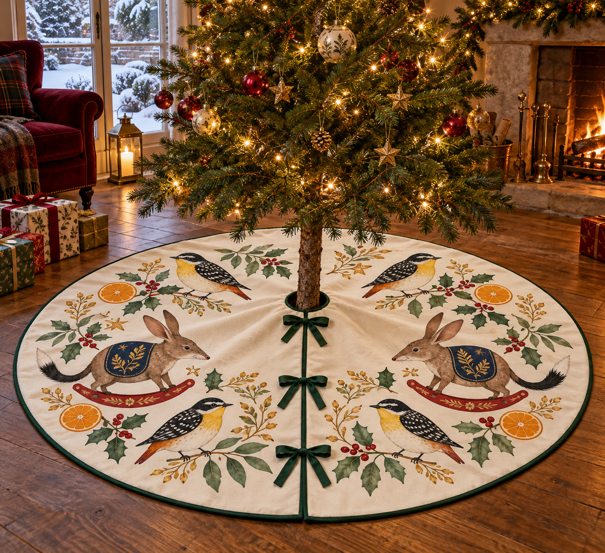 Pardalote Orange Rocking Bilby ivory Christmas tree skirt four white-spotted yellow-throat birds two brown long-ear rocking bilbies oranges green binding centered opening three ties in warm Christmas living room.