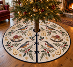 Spinebill Pear Rocking Dunnart ivory tree skirt four long curved-bill birds two brown rocking dunnarts pears navy binding sewn channels centered opening continuous slit three ties in warm Christmas living room.