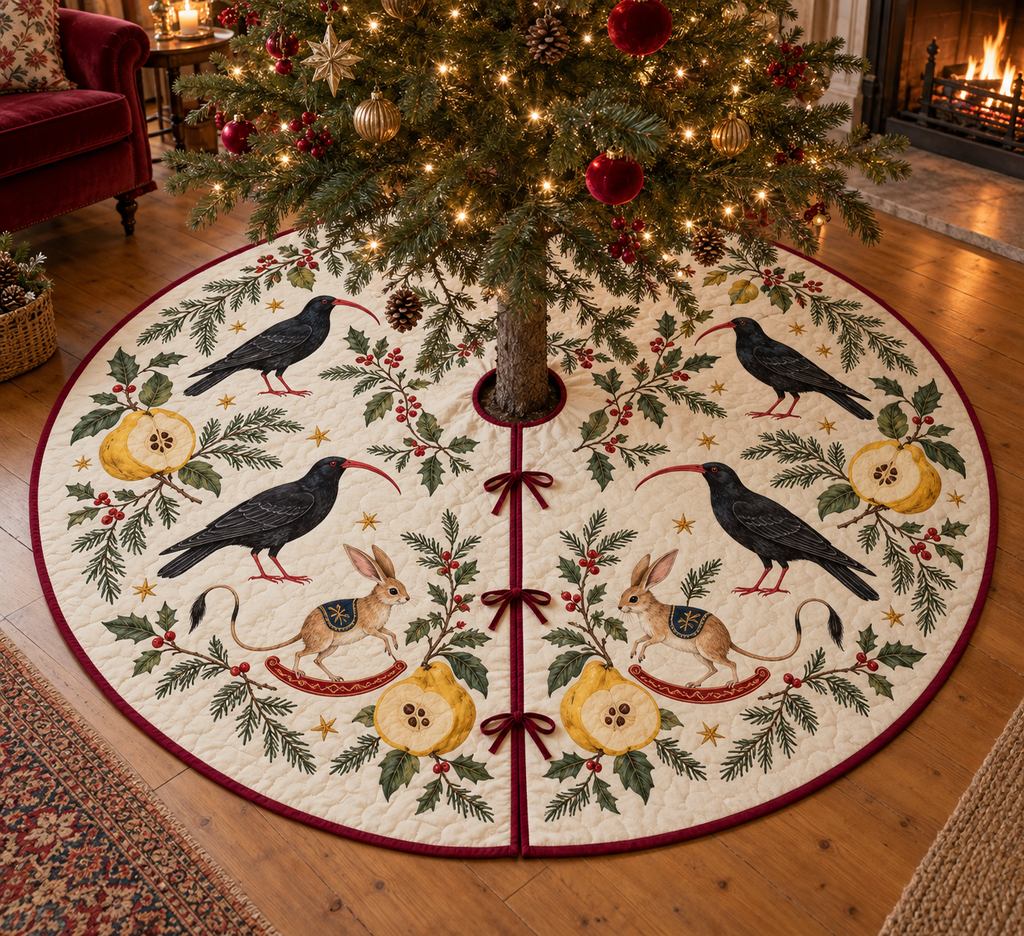 Chough Quince Rocking Jerboa tree skirt four black red-billed birds two tan long-ear rocking jerboas golden quince cranberry binding sewn channels centered opening radial slit three ties in Christmas room.
