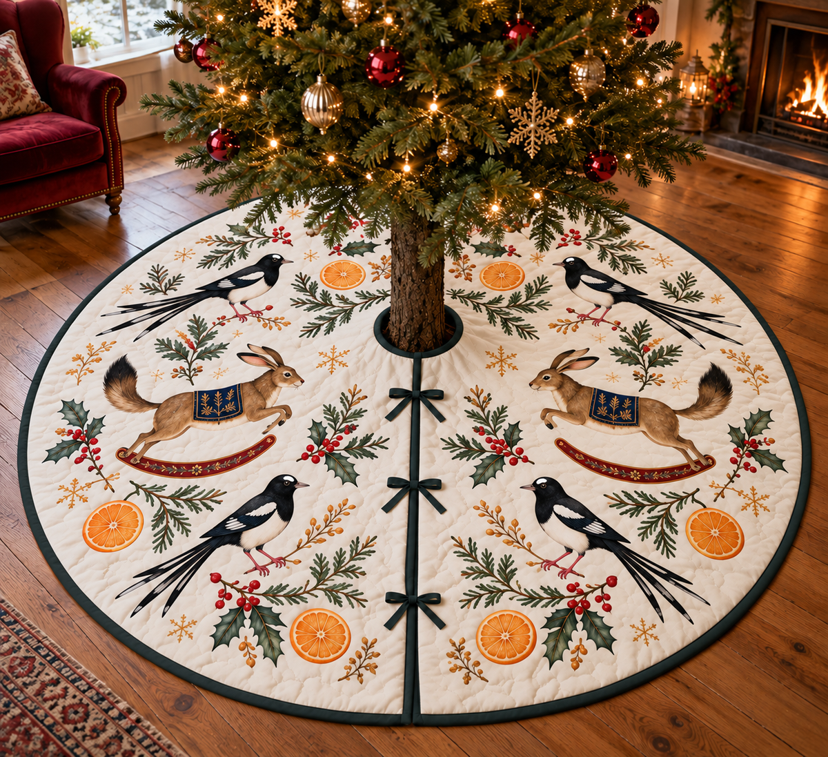 Forktail Orange Rocking Springhare tree skirt four black white long-tailed birds two brown thick-tail rocking springhares oranges green binding sewn channels centered opening radial slit three ties in Christmas room.