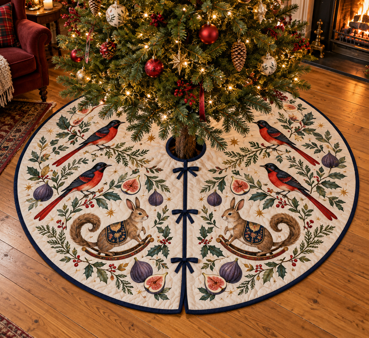 Minivet Fig Rocking Viscacha tree skirt four black scarlet birds two brown curled-tail rocking viscachas purple figs navy binding sewn channels centered opening radial slit three ties in warm Christmas room.