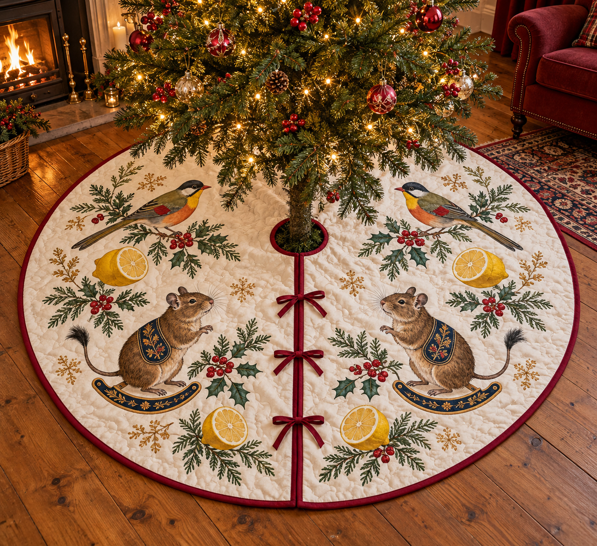 Mesia Lemon Rocking Degu tree skirt two olive orange silver-eared birds two brown brush-tail rocking degus lemons cranberry binding sewn channels centered opening radial slit three ties in Christmas room.