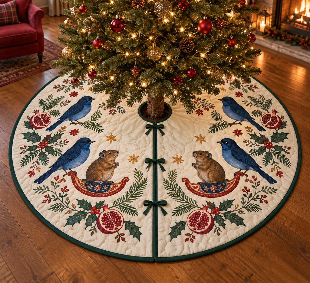 Nilgiri Pomegranate Rocking Pika tree skirt four blue birds two brown round-ear tail-less seated rocking pikas pomegranates green binding sewn channels centered opening radial slit three ties in Christmas room.