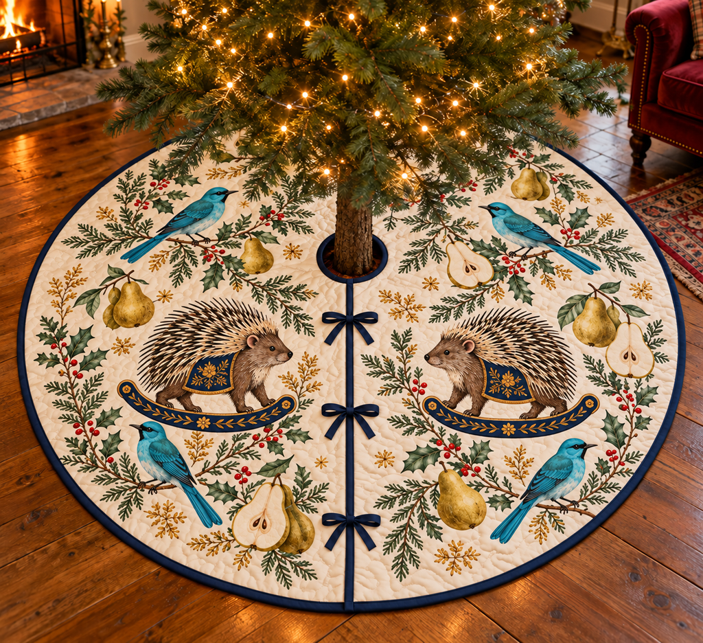 Verditer Pear Rocking Porcupine tree skirt four turquoise birds two brown black cream quill rocking porcupines pears navy binding sewn channels centered opening radial slit three ties in Christmas room.