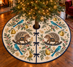 Verditer Pear Rocking Porcupine tree skirt four turquoise birds two brown black cream quill rocking porcupines pears navy binding sewn channels centered opening radial slit three ties in Christmas room.
