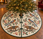 Sibia Apple Rocking Pangolin tree skirt four black-cap cinnamon blue-gray birds two brown scaled rocking pangolins apples green binding sewn channels centered opening radial slit three ties in Christmas room.