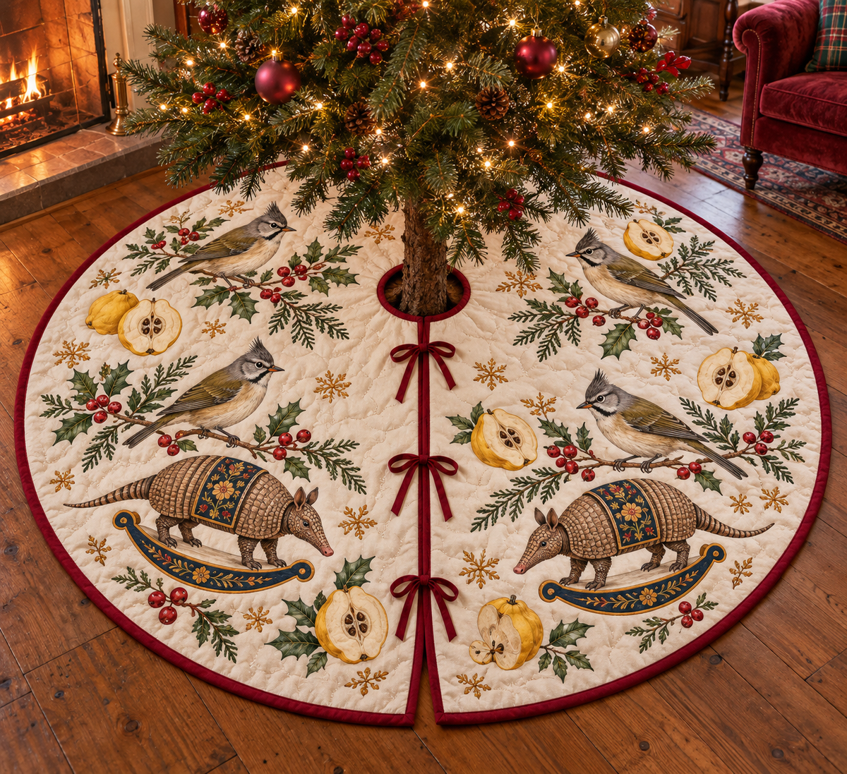 Yuhina Quince Rocking Armadillo tree skirt four gray-crested whiskered birds two brown armored rocking armadillos golden quince cranberry binding sewn channels centered opening radial slit three ties in Christmas room.