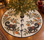 Fulvetta Persimmon Rocking Binturong tree skirt four gray olive golden birds two charcoal curled-tail rocking binturongs persimmons navy binding sewn channels centered opening radial slit three ties in Christmas room.