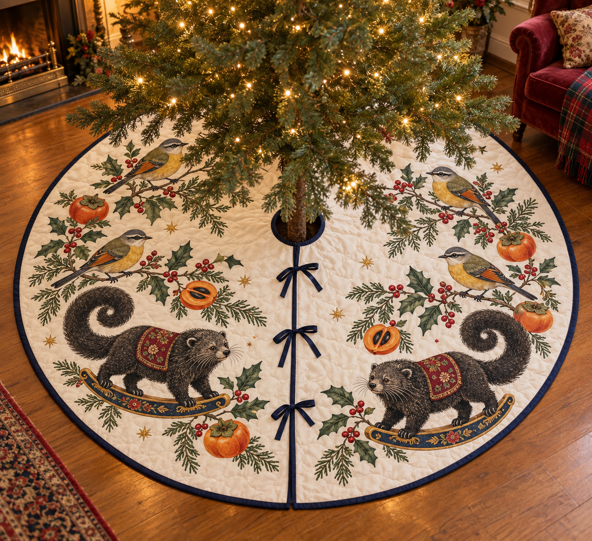 Fulvetta Persimmon Rocking Binturong tree skirt four gray olive golden birds two charcoal curled-tail rocking binturongs persimmons navy binding sewn channels centered opening radial slit three ties in Christmas room.