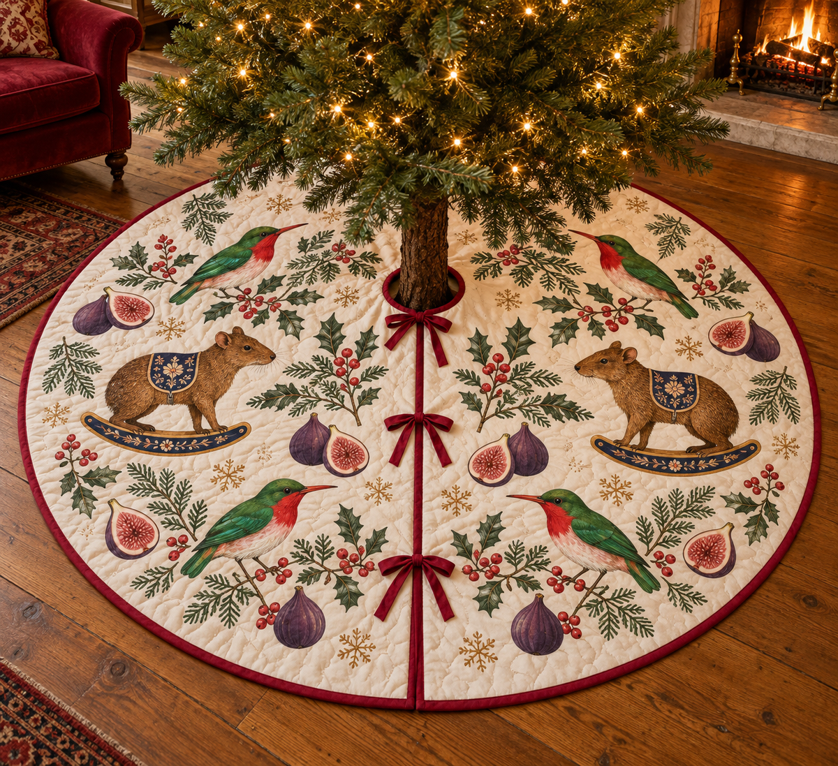 Tody Fig Rocking Agouti tree skirt four emerald scarlet-throat red-bill birds two brown tail-less rocking agoutis figs cranberry binding sewn channels centered opening radial slit three ties in Christmas room.