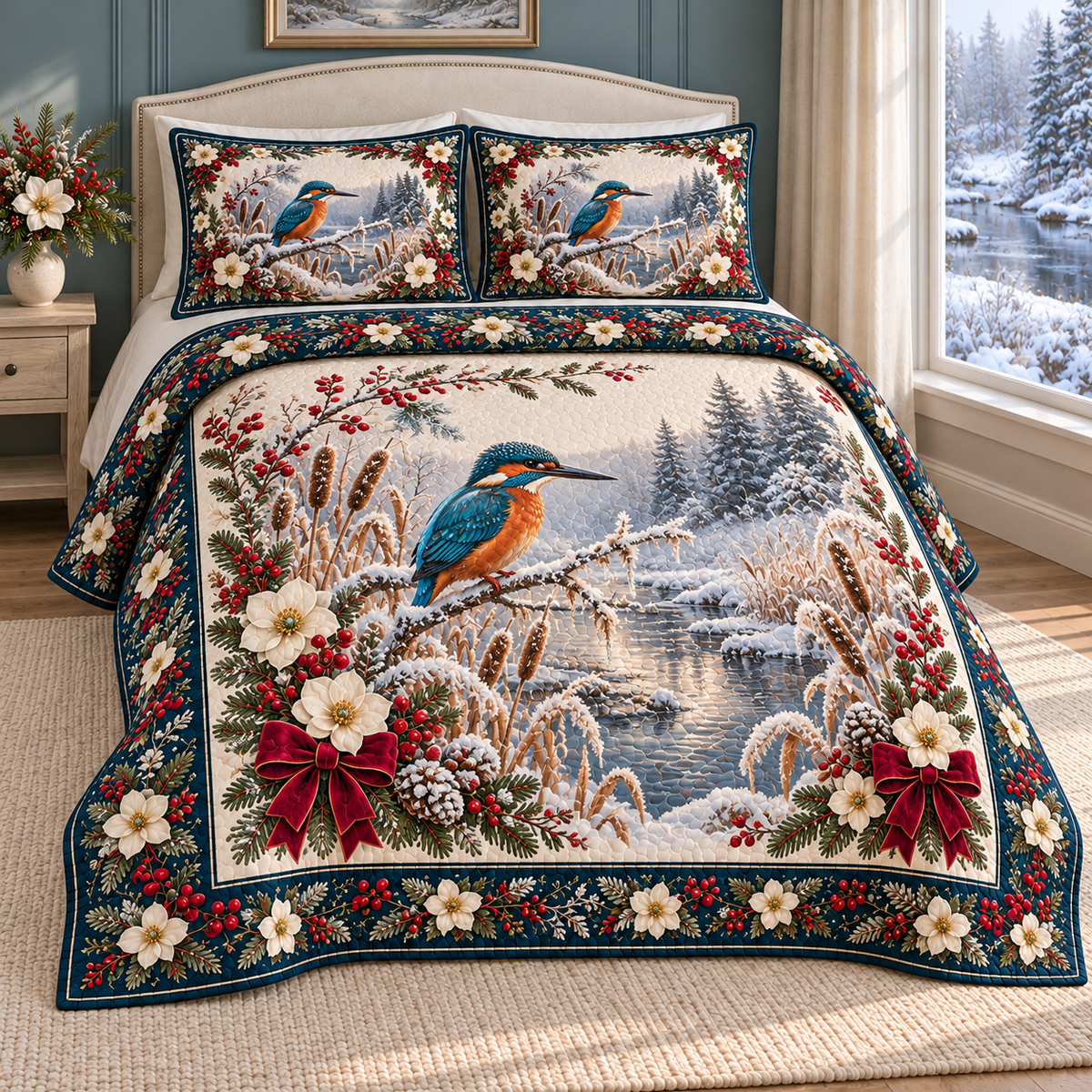Christmas Kingfisher Frosted Reeds thin printed quilt with two matching pillow shams; complete-product design mockup with flat printed visual depth.
