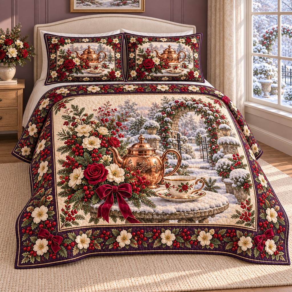 Christmas Copper Teapot Winter Roses thin printed quilt with two matching pillow shams; complete-product design mockup with flat printed visual depth.