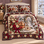 Christmas Copper Teapot Winter Roses thin printed quilt with two matching pillow shams; complete-product design mockup with flat printed visual depth.