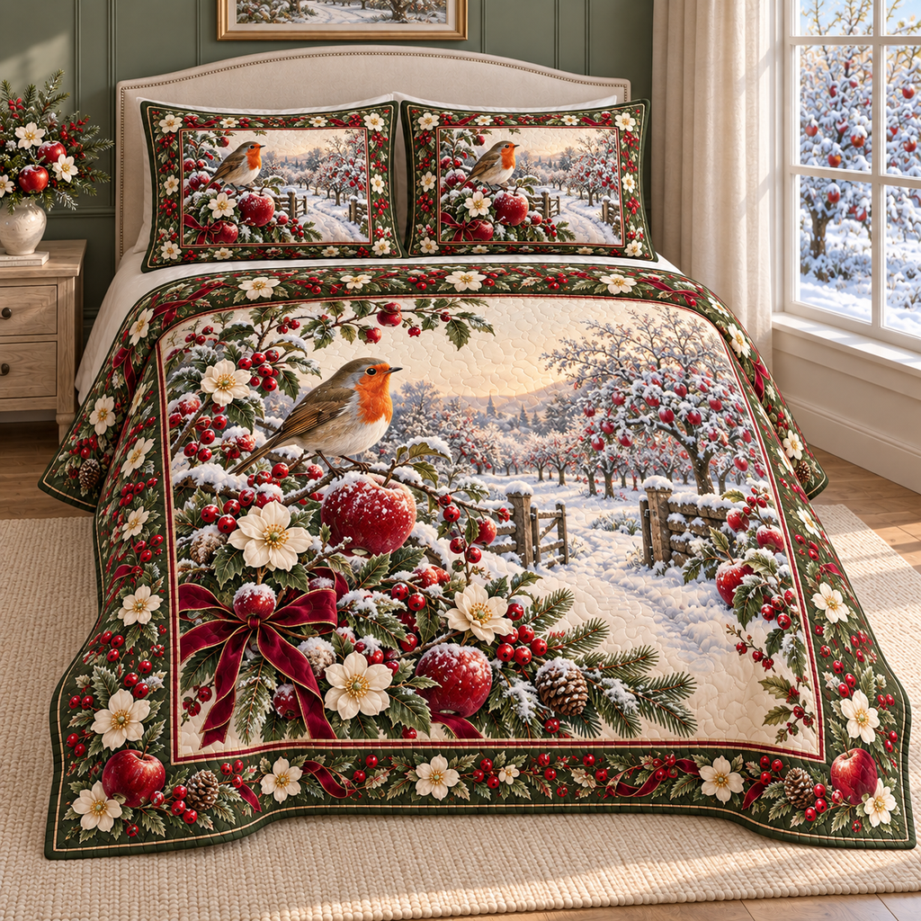 Christmas Robin Frosted Apple Garden thin printed quilt with two matching pillow shams; complete-product design mockup with flat printed visual depth.