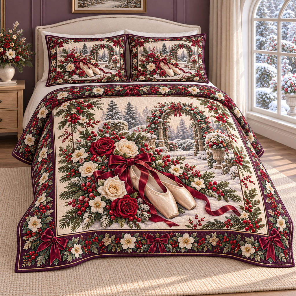 Christmas Ballet Slippers Winter Roses thin printed quilt with two matching pillow shams; complete-product design mockup with flat printed visual depth.