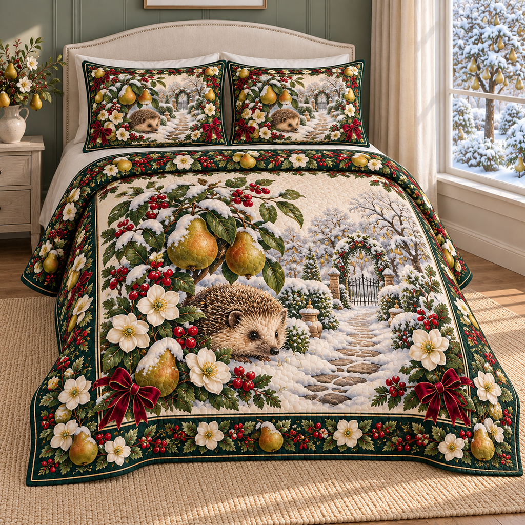 Christmas Hedgehog Frosted Pear Garden thin printed quilt with two matching pillow shams; complete-product design mockup with flat printed visual depth.