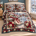 Christmas Ice Skates Frosted Rose Garden thin printed quilt with two matching pillow shams; complete-product design mockup with flat printed visual depth.
