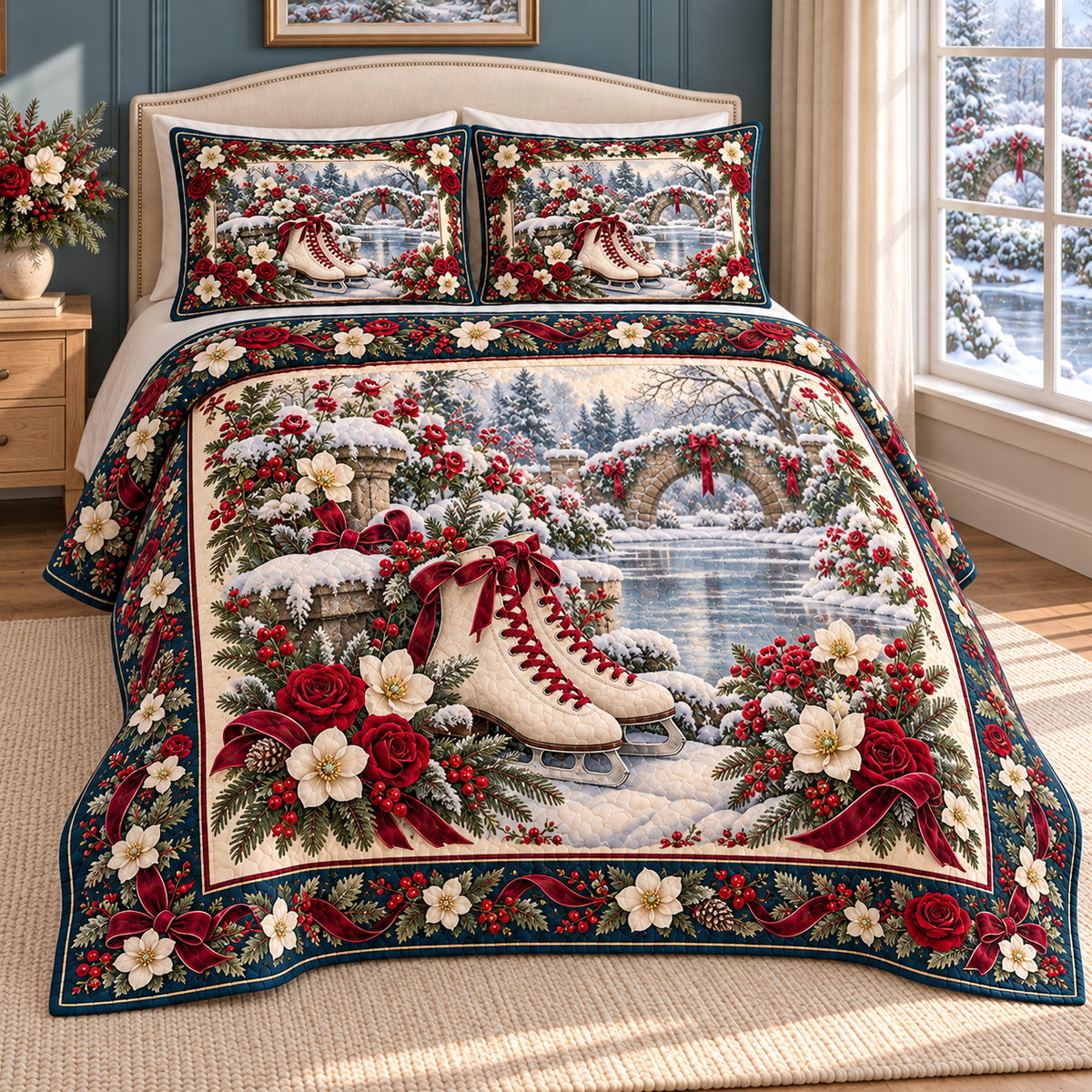 Christmas Ice Skates Frosted Rose Garden thin printed quilt with two matching pillow shams; complete-product design mockup with flat printed visual depth.