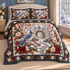 Christmas Blue Jay Frosted Birch Garden thin printed quilt with two matching pillow shams; complete-product design mockup with flat printed visual depth.