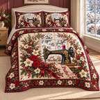 Vintage Sewing Machine Christmas Roses thin printed quilt with two matching pillow shams; complete-product design mockup with flat printed visual depth.