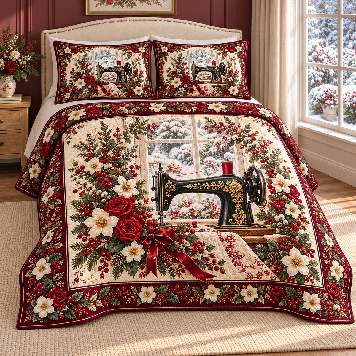 Vintage Sewing Machine Christmas Roses thin printed quilt with two matching pillow shams; complete-product design mockup with flat printed visual depth.