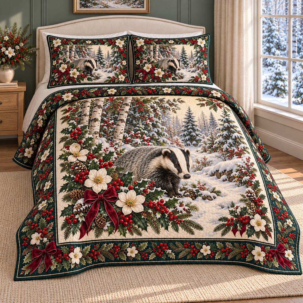 Woodland Badger Christmas Holly thin printed quilt with two matching pillow shams; complete-product design mockup with flat printed visual depth.