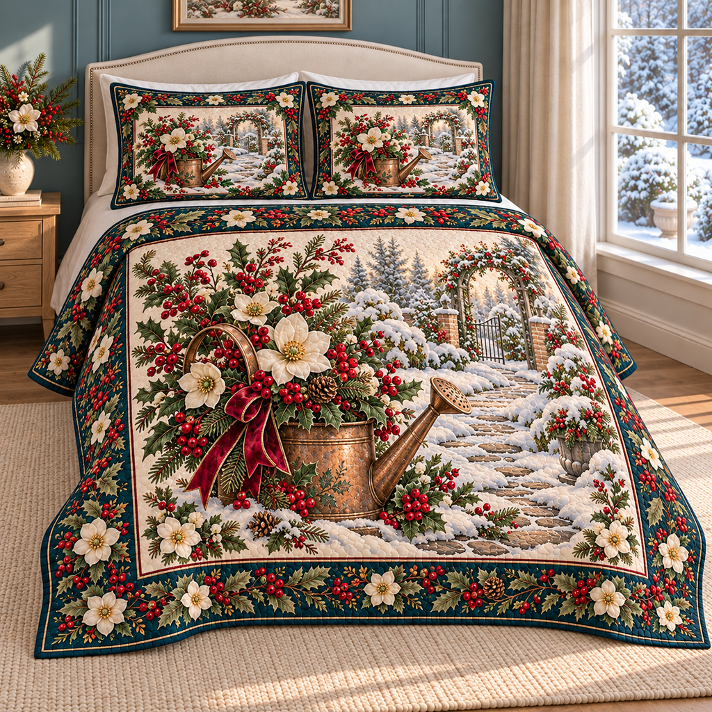 Garden Watering Can Christmas Holly thin printed quilt with two matching pillow shams; complete-product design mockup with flat printed visual depth.