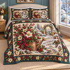 Garden Watering Can Christmas Holly thin printed quilt with two matching pillow shams; complete-product design mockup with flat printed visual depth.