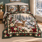 Woodland Fawn Christmas Ivory Holly thin printed quilt with two matching pillow shams; complete-product design mockup with flat printed visual depth.