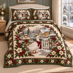 Garden Goose Christmas Ivory Holly thin printed quilt with two matching pillow shams; complete-product design mockup with flat printed visual depth.