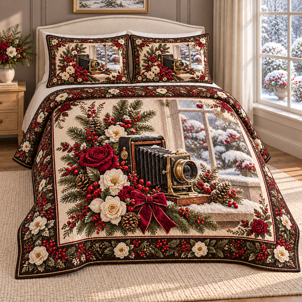 Vintage Camera Christmas Winter Roses thin printed quilt with two matching pillow shams; complete-product design mockup with flat printed visual depth.