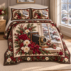 Vintage Camera Christmas Winter Roses thin printed quilt with two matching pillow shams; complete-product design mockup with flat printed visual depth.