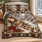 Woodland Mouse Christmas Acorn Holly thin printed quilt with two matching pillow shams; complete-product design mockup with flat printed visual depth.