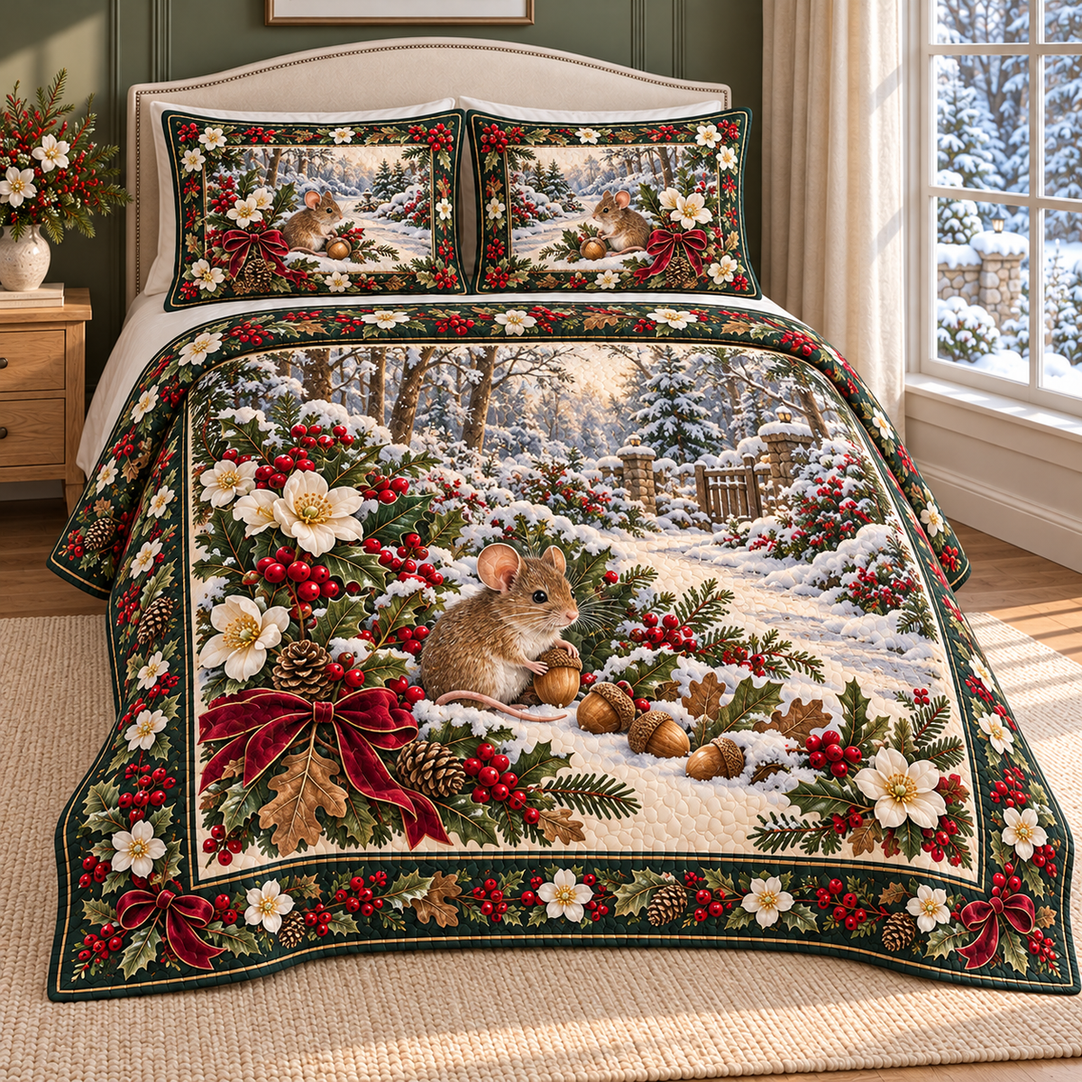 Woodland Mouse Christmas Acorn Holly thin printed quilt with two matching pillow shams; complete-product design mockup with flat printed visual depth.