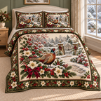Garden Pheasant Christmas Holly thin printed quilt with two matching pillow shams; complete-product design mockup with flat printed visual depth.