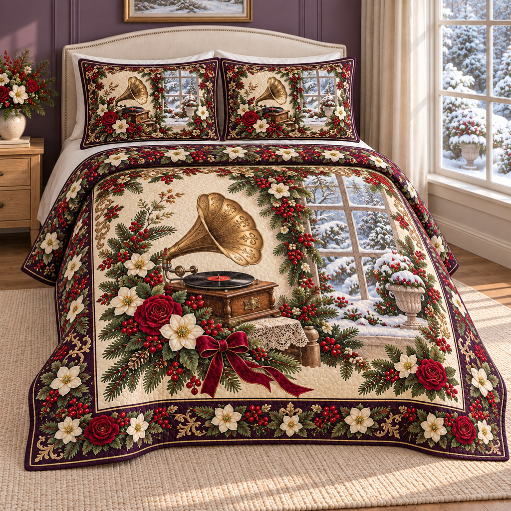 Garden Gramophone Christmas Roses thin printed quilt with two matching pillow shams; complete-product design mockup with flat printed visual depth.